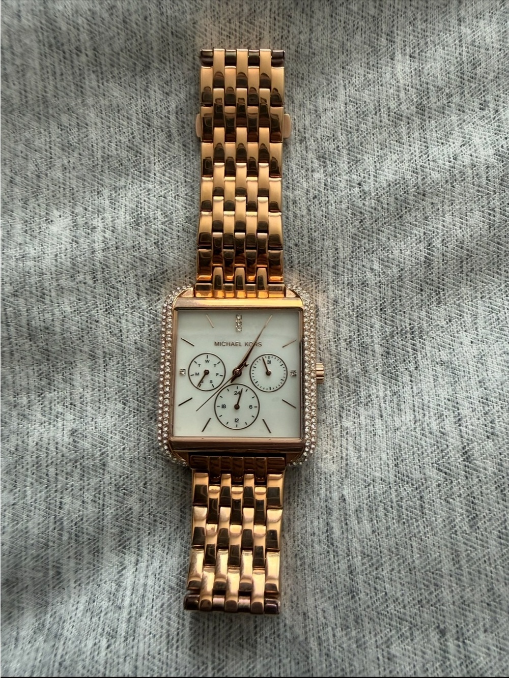 Michael Kors Rose Gold Square Chronograph Watch with Crystal Bezel